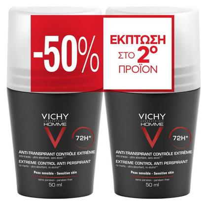 Vichy Homme Αποσμητικό 72h σε Roll-On 2x50ml