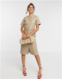 Vila leather look midi dress with belt and button detail in beige από το Asos