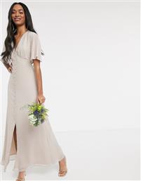Warehouse bridesmaids angel sleeve button front maxi dress in taupe-Brown από το Asos