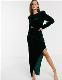 Yaura cut out side long sleeve velvet midi dress with thigh split in emerald green από το Asos